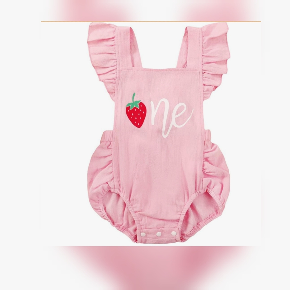 Pink Ruffled Baby Romper with Strawberry Design- 🍓NE (1st Birthday🥳) 12-18M